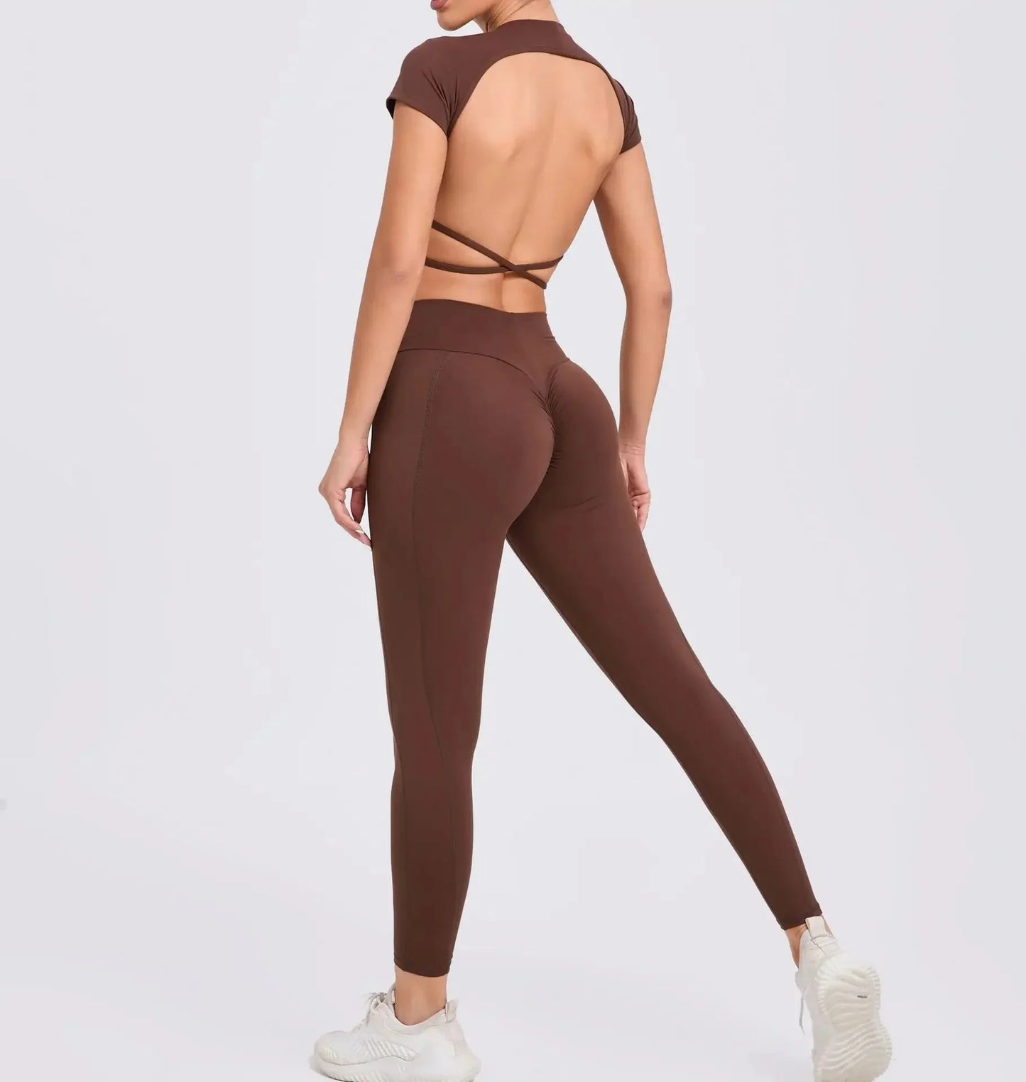 Cross Backless Sporty Set Women 2 Piece Sportswear Short Sleeve Training Suit for Fitness Yoga Wear Female Gym Workout Clothes